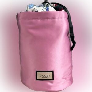 Gucci Beauty Floral Pink Satin Beauty Pouch or Bucket Bag New